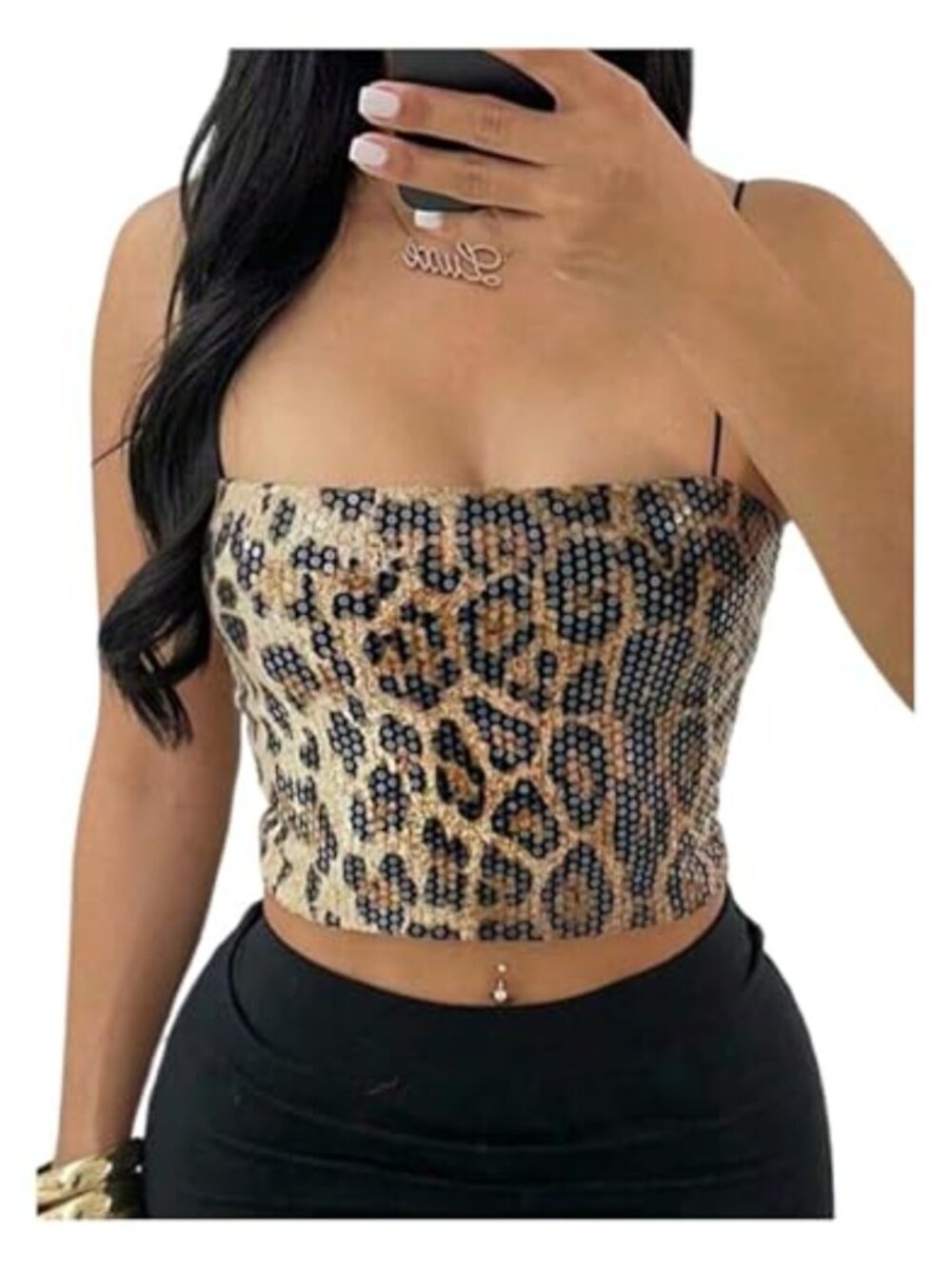 Women's Sequin Cheetah Print Crop Cami Spaghetti Strap Going Out Top Y2K